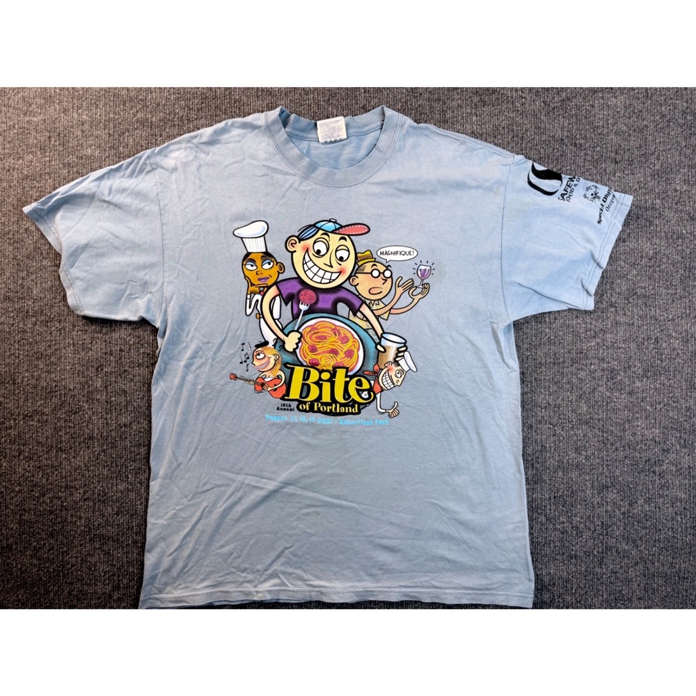 Vintage Port and Company Bite of Portland 2001 Graphic Tee Blue Large Y2K Stains